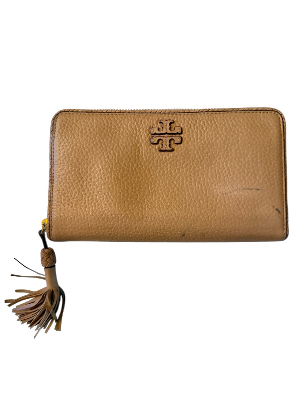 Tory Burch Caramel Tan Pebbled Leather Zip Around Continental Tassel Wallet